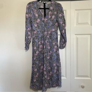 Loft V Neck Mid Length Floral Black Purple Pink Dress Size 0